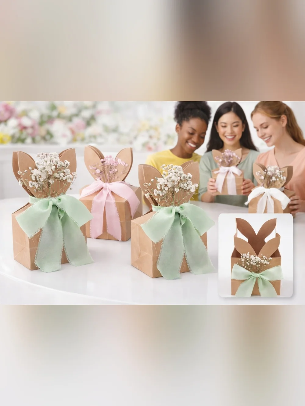 New Boho Gift Boxes w/ Dried Flowers & Ribbon Set DIY Rustic Kraft Favor Gifts